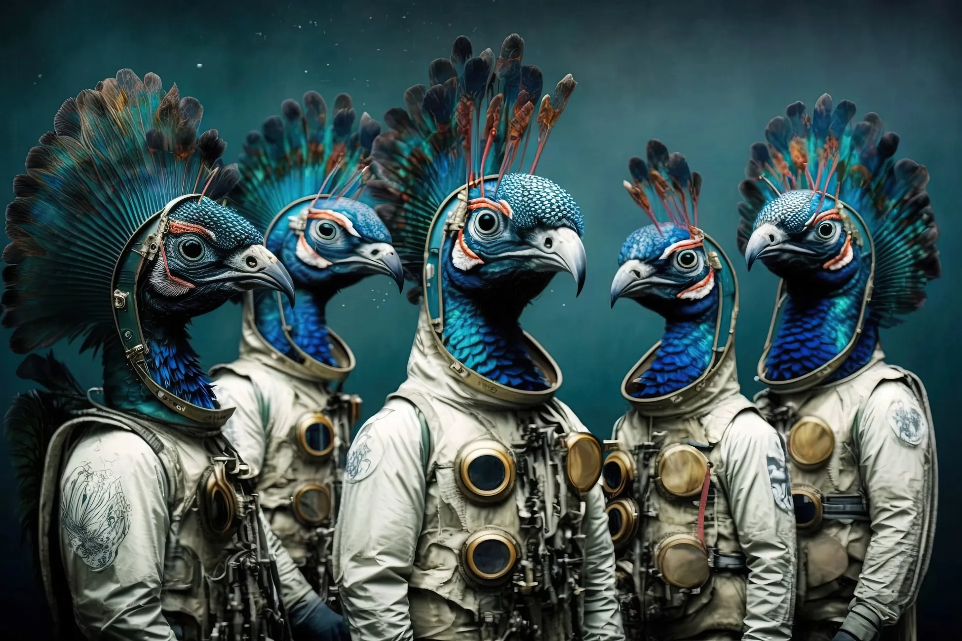 Eine Gruppe von Pfauen in Astronautenanzügen steht zusammen vor einem dunklen Hintergrund mit Farbverlauf.